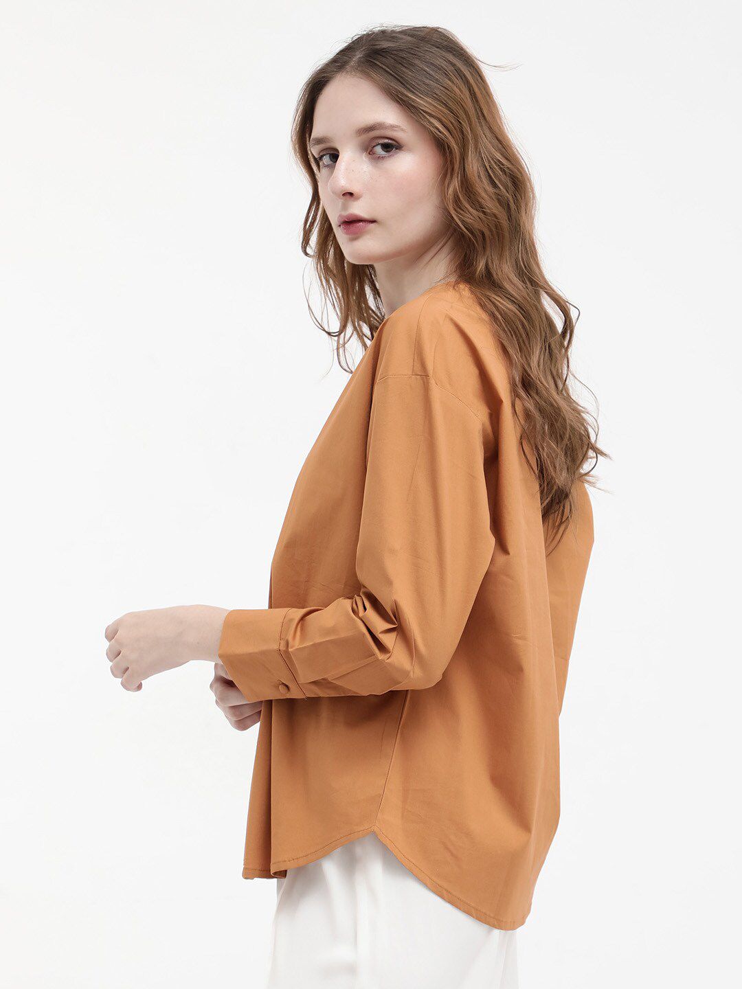 RAREISM Cotton Notched Neck Cuffed Sleeves Styled Back Casual Top