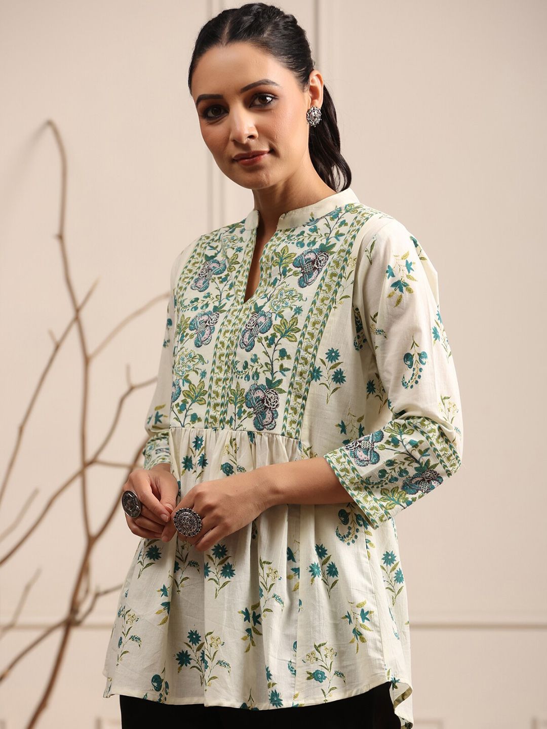 Rain & Rainbow Floral Printed Mandarin Collar Pure Cotton A-Line kurti