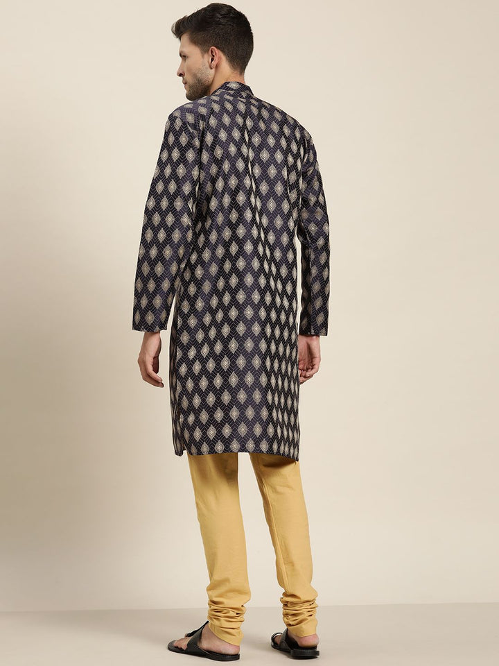 SOJANYA Lelaki Navy Blue & Golden Jacquard Woven Design Kurta