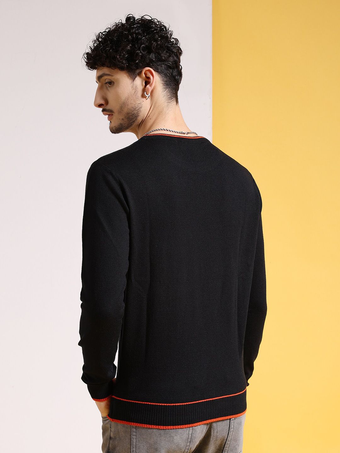 The Indian Garage Co Black Round Neck Long Sleeves Acrylic Pullover Sweater