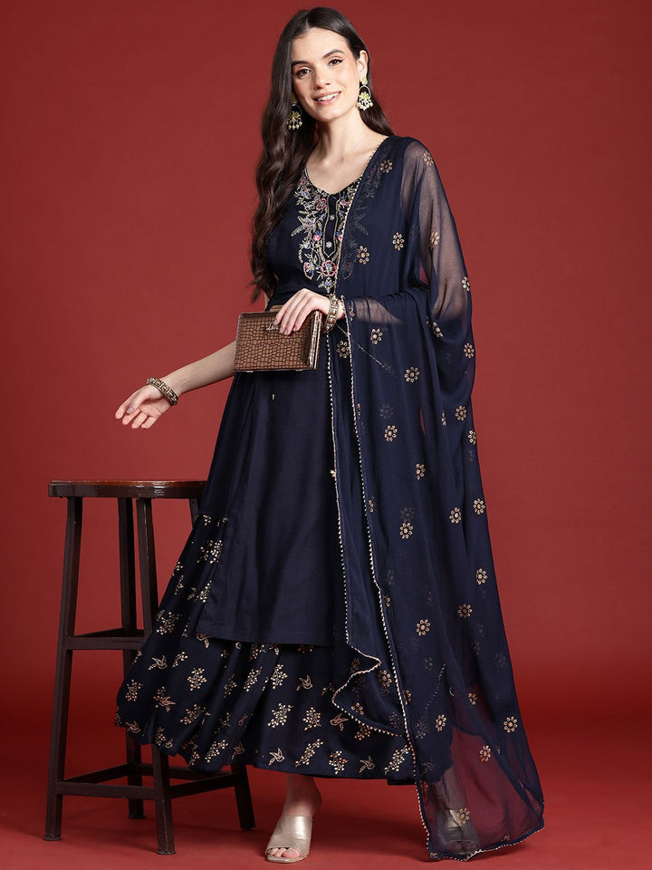 Anouk Ethnic Printed Yoke Embroidered Layered Kurta with Dupatta