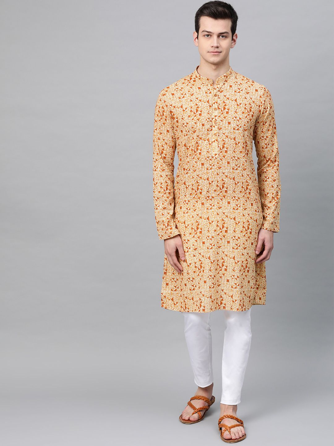 See Designs Men Cream-Coloured & Rust Orange Printed Straight Kurta