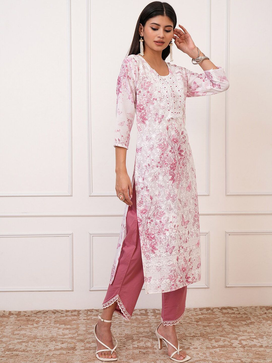 Vishudh Pink Floral Printed Thread Work Cotton Straight Kurta