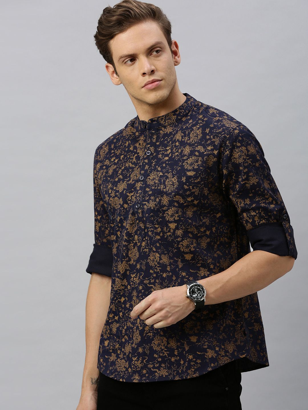 Anouk Men Navy Blue & Beige Floral Dicetak Lurus Pendek Kurta