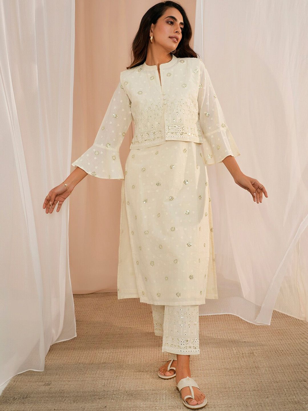 Libas Floral Embroidered Regular Sequinned Pure Cotton Kurta With Trousers & Dupatta