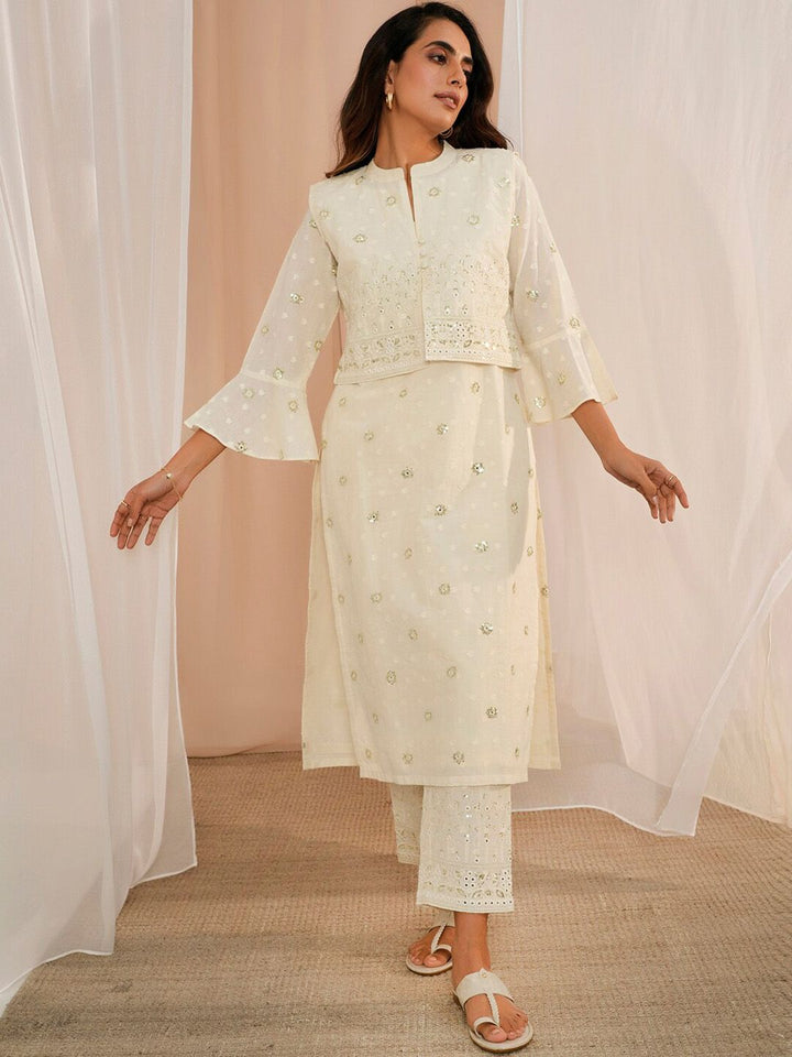 Libas Floral Embroidered Regular Sequinned Pure Cotton Kurta With Trousers & Dupatta