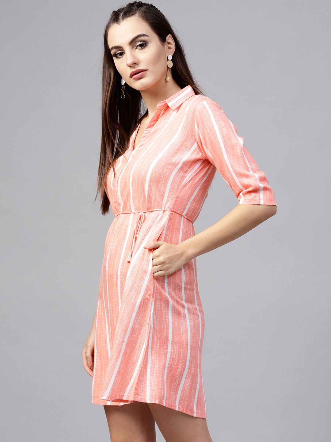 Gerua By Libas Women Coral Pink  White Striped Shirt Dress