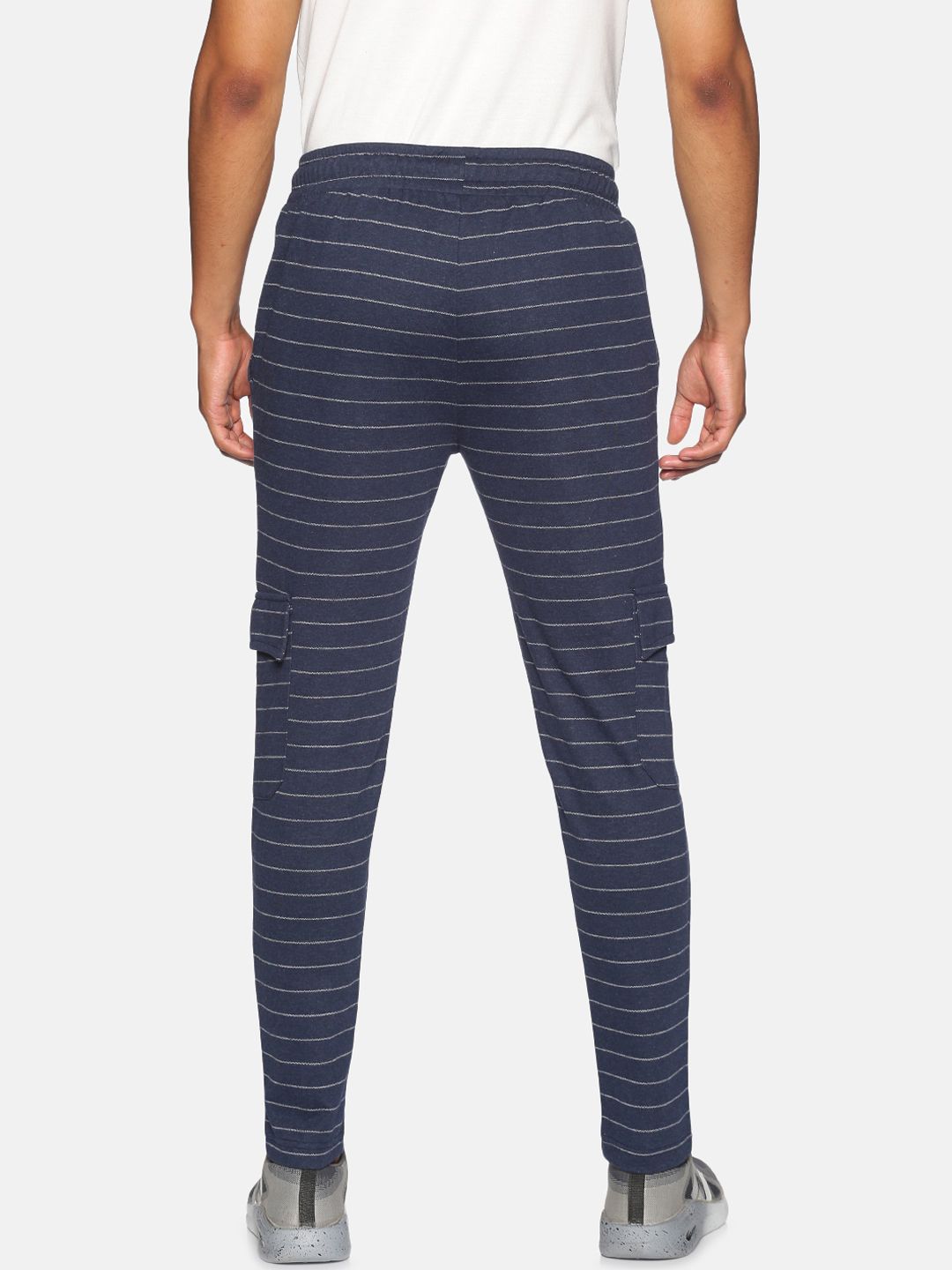 Campus Sutra Men Navy Blue & White Striped Straight-Fit Cotton Track Pants