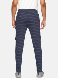 Campus Sutra Men Navy Blue & White Striped Straight-Fit Cotton Track Pants