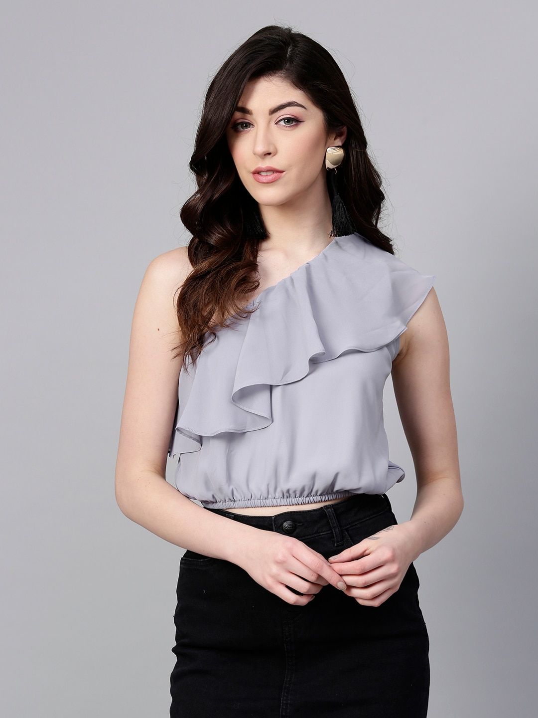 SASSAFRAS Women Grey Solid Layered Cropped Blouson Top