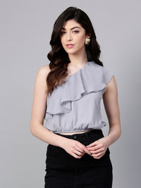 SASSAFRAS Women Grey Solid Layered Cropped Blouson Top