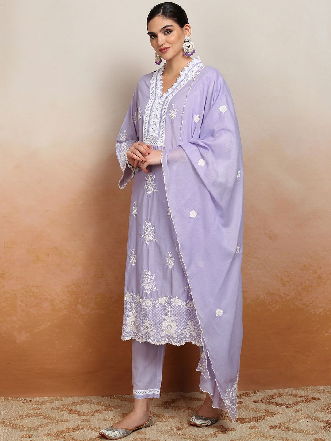 Vishudh Ethnic Motifs Embroidered Pure Cotton Kurta With Trouser & Dupatta