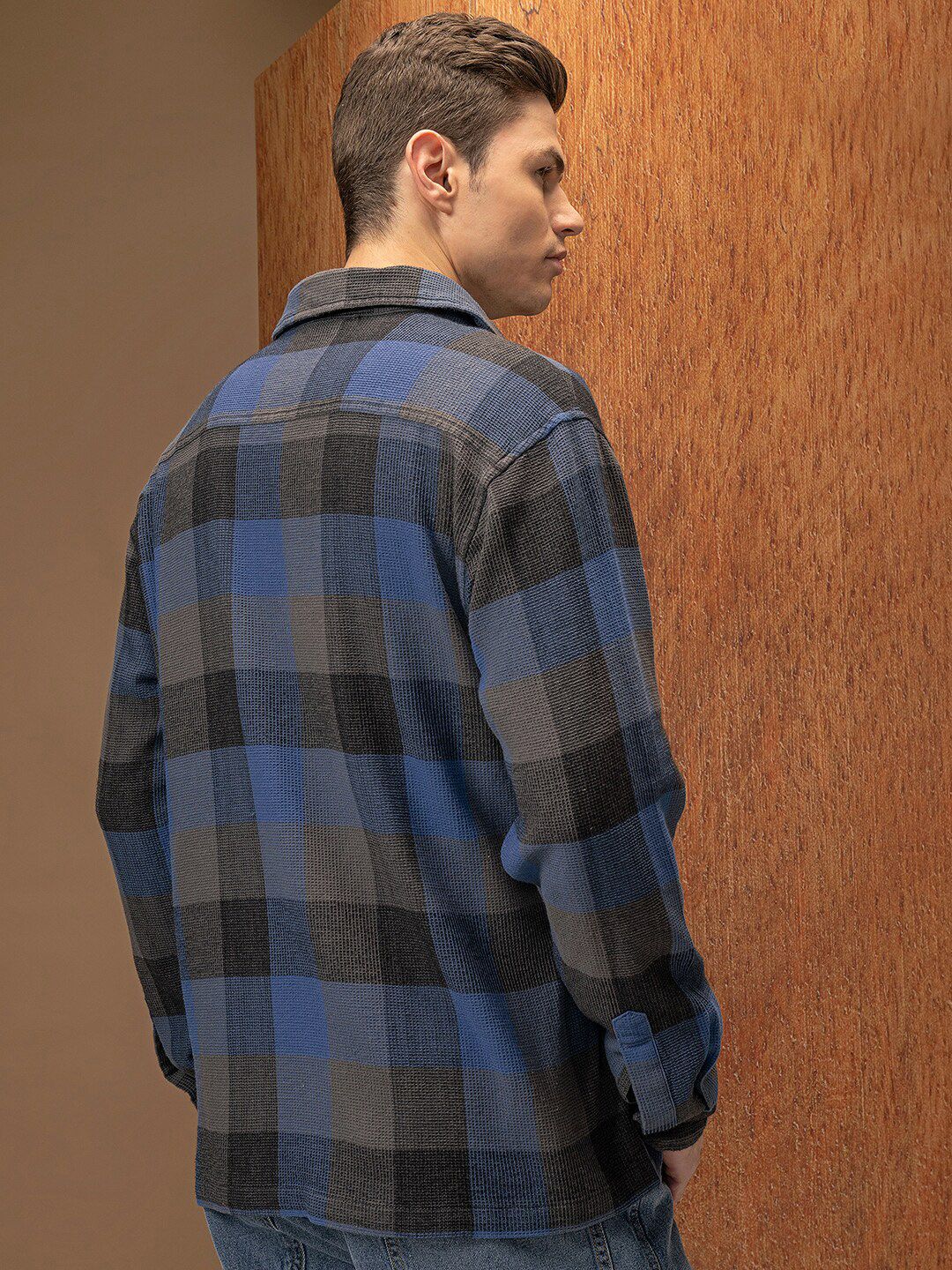 Locomotive Premium Men Blue Waffle Dobby Textured Checked Utility Pocket Overshirt
