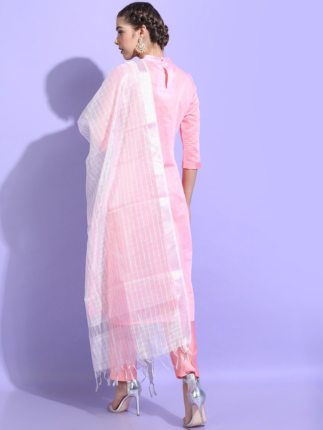 Vishudh Women Pink Chanderi Cotton Kurta with Trousers & Dupatta
