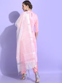 Vishudh Women Pink Chanderi Cotton Kurta with Trousers & Dupatta