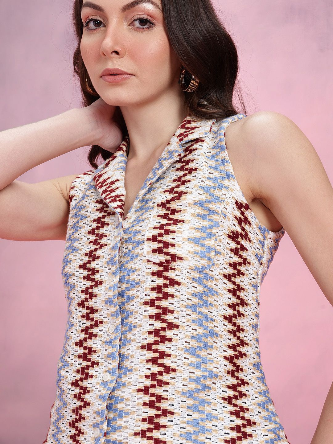 DressBerry Chevron Self-Design Cuban Collar Crochet Semi-Sheer Casual Shirt