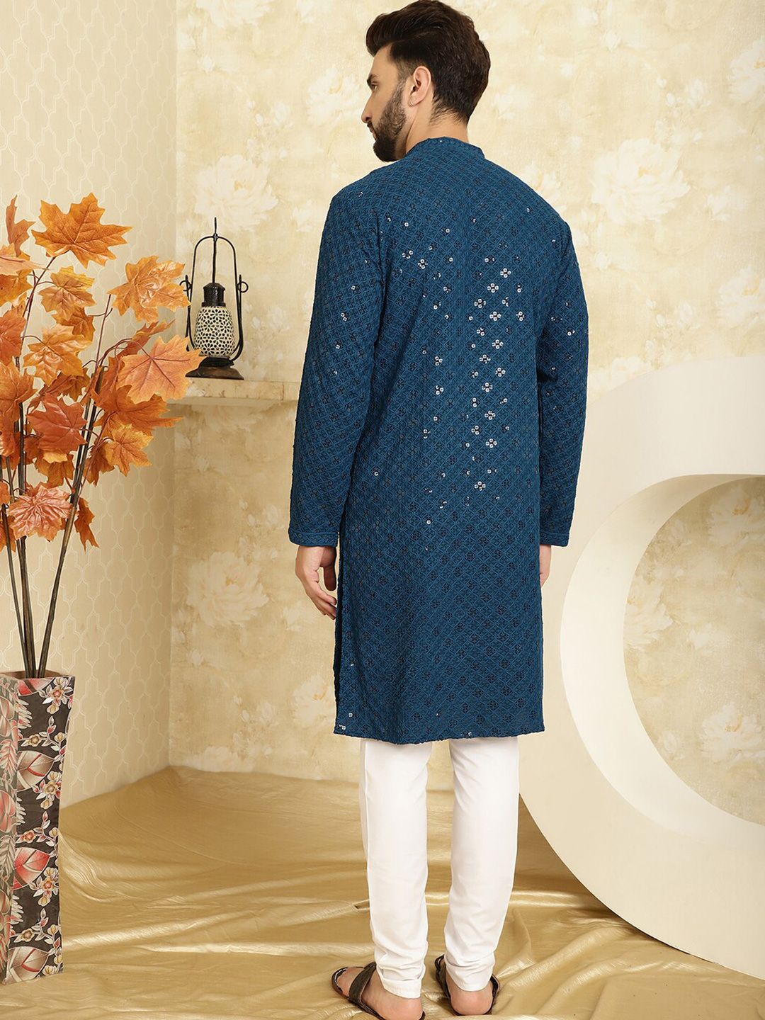 SOJANYA Geometric Embroidered Mandarin Collar Sequinned Pure Cotton Kurta with Churidar