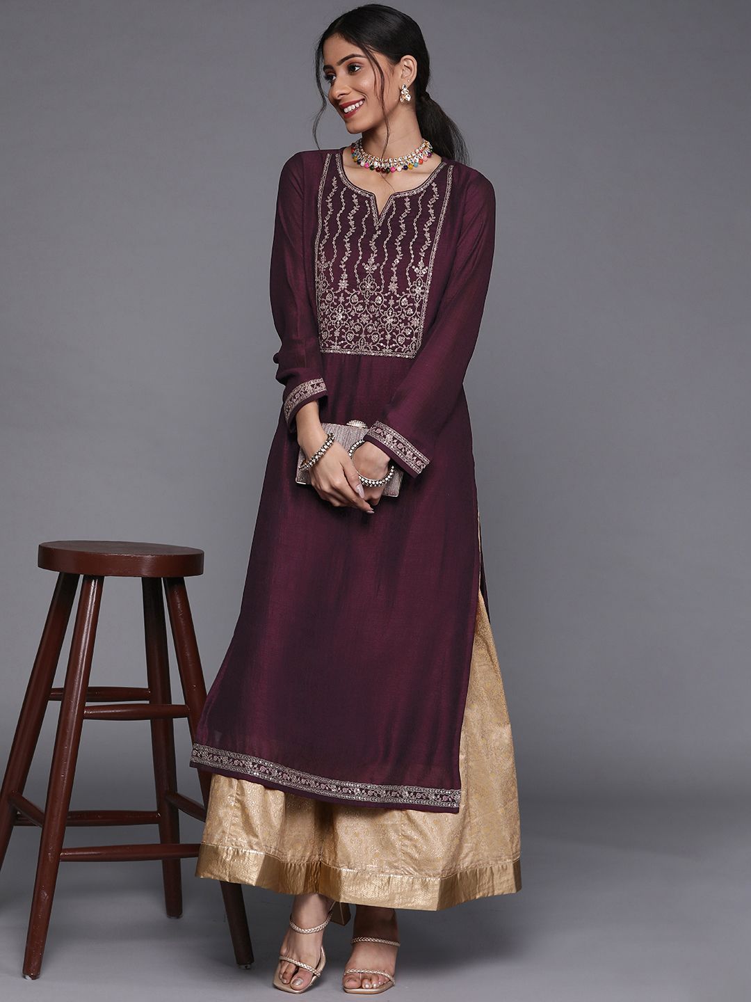 Libas Women Purple Floral Yoke Design Kurta