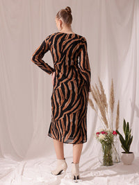 STREET 9 V Neck Long Sleeves Animal Print Georgette Fit & Flare Midi Dress