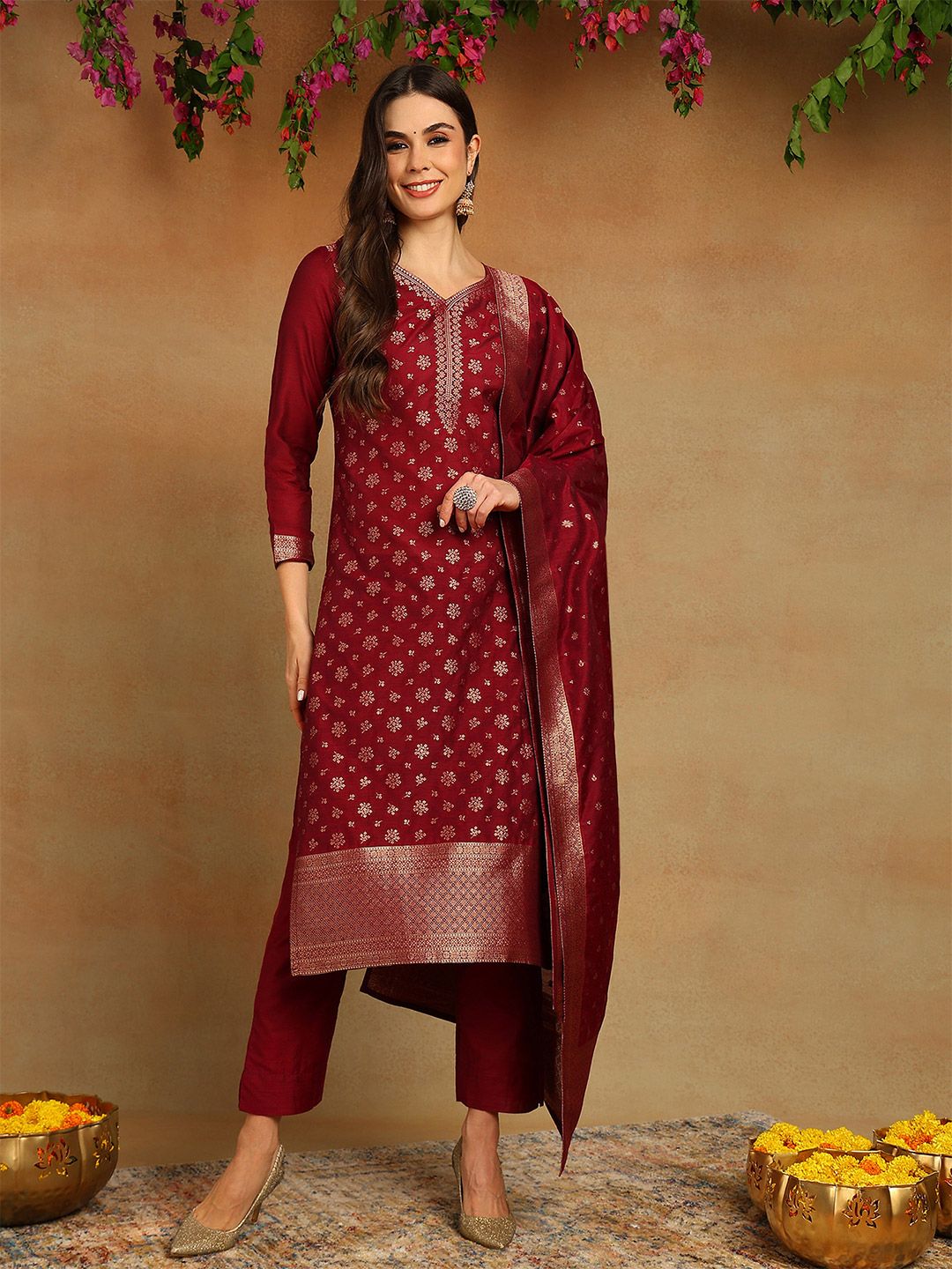 KALINI Floral Woven Design Zari Straight Kurta With Trousers & Dupatta