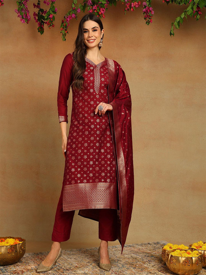 KALINI Floral Woven Design Zari Straight Kurta With Trousers & Dupatta