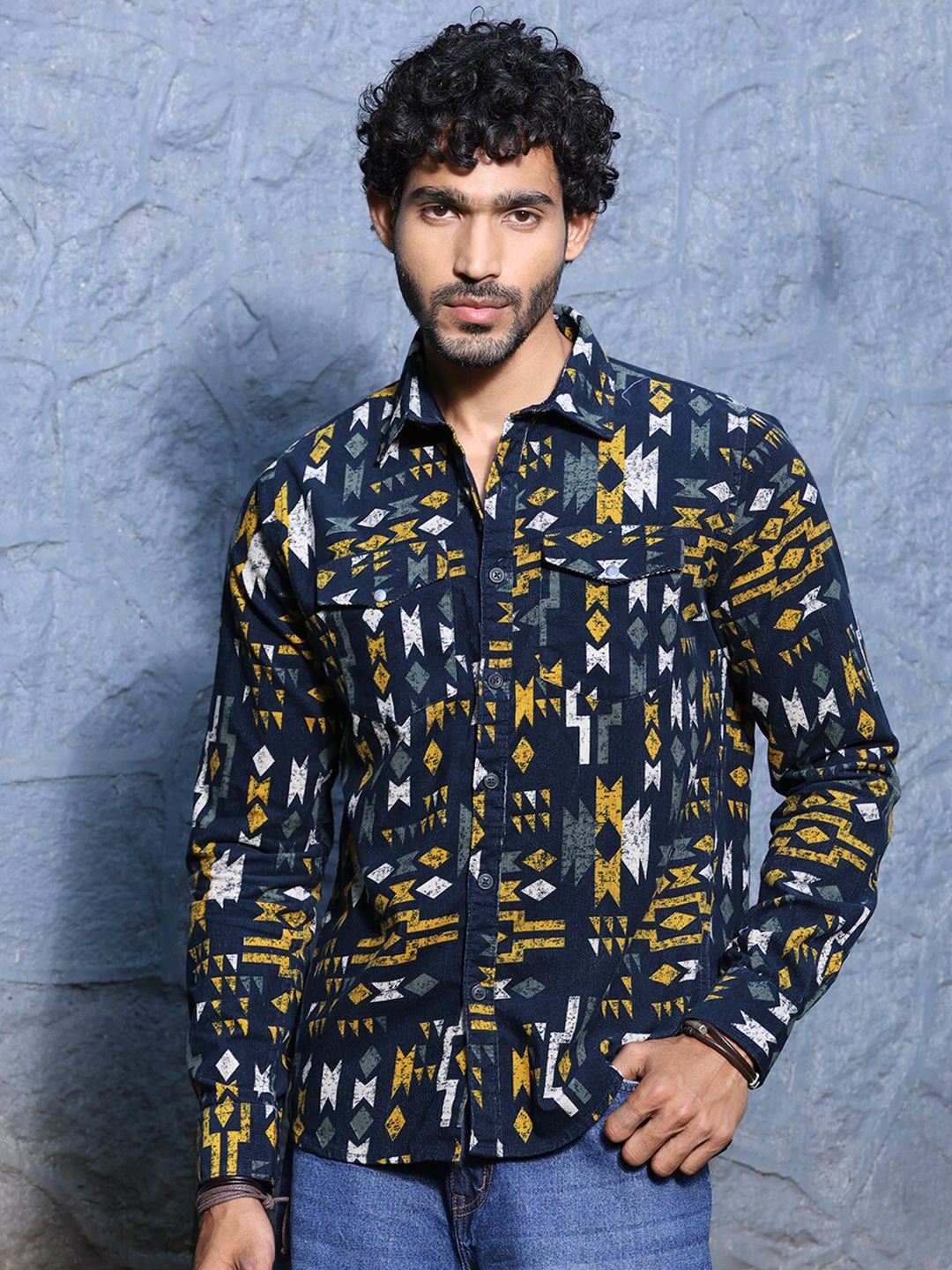 Thomas Scott Premium Slim Fit Geometric Printed Pure Cotton Corduroy Casual Shirt