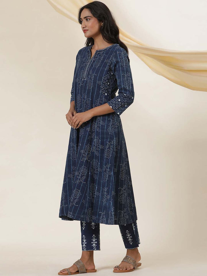 W Floral Printed Notched Neck Cotton A-Line Kurta
