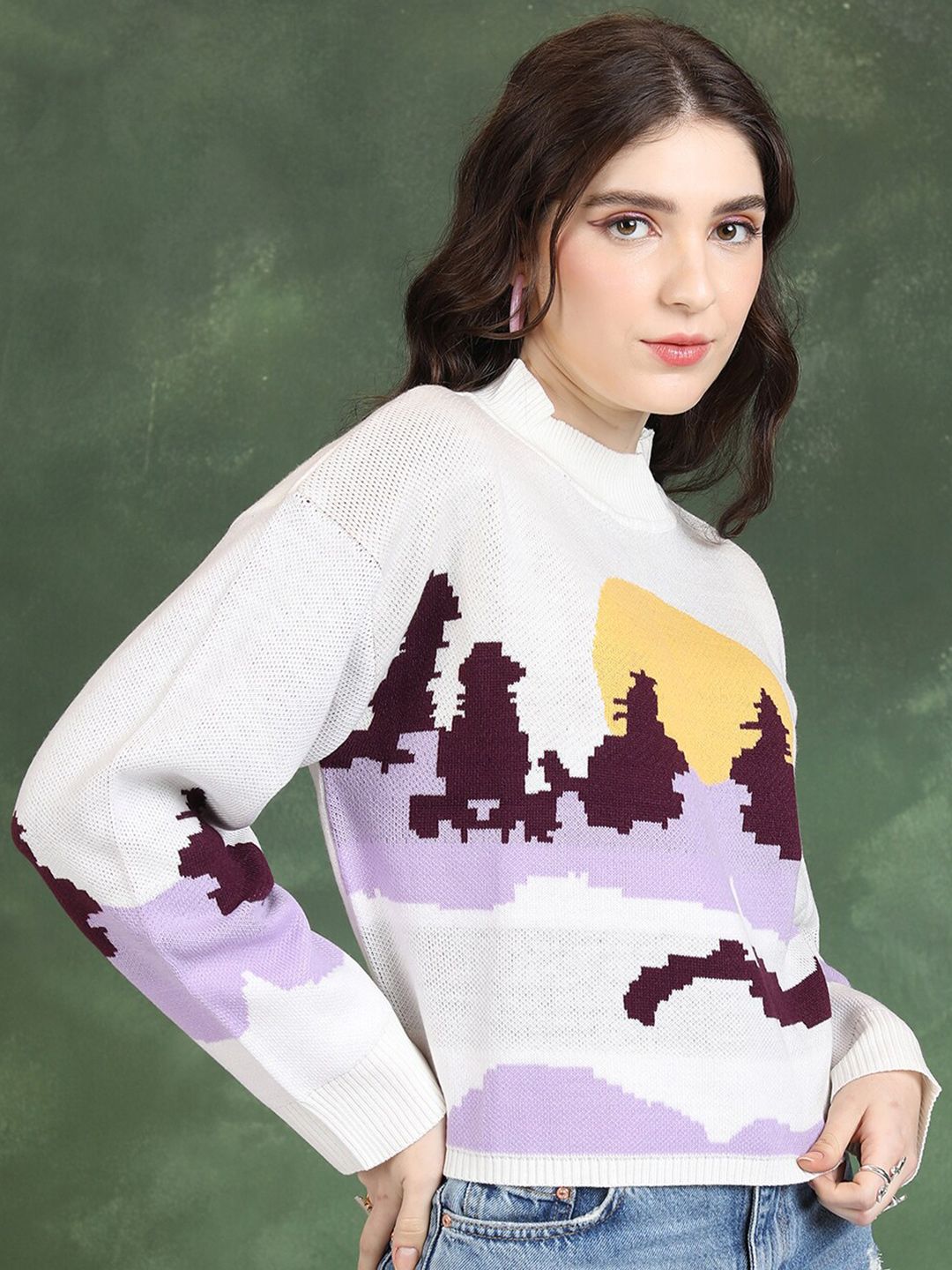 Tokyo Talkies Off White Graphic Printed High Neck Acrylic Pullover