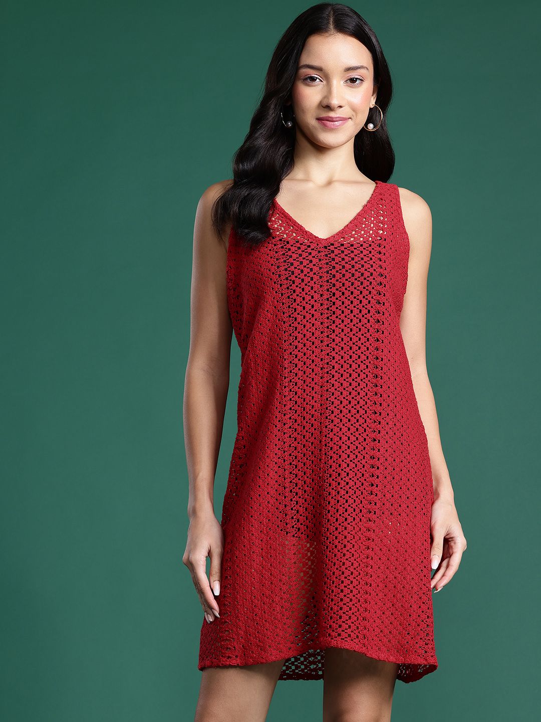 DressBerry Pure Cotton Sheer Crochet A-Line Mini Dress
