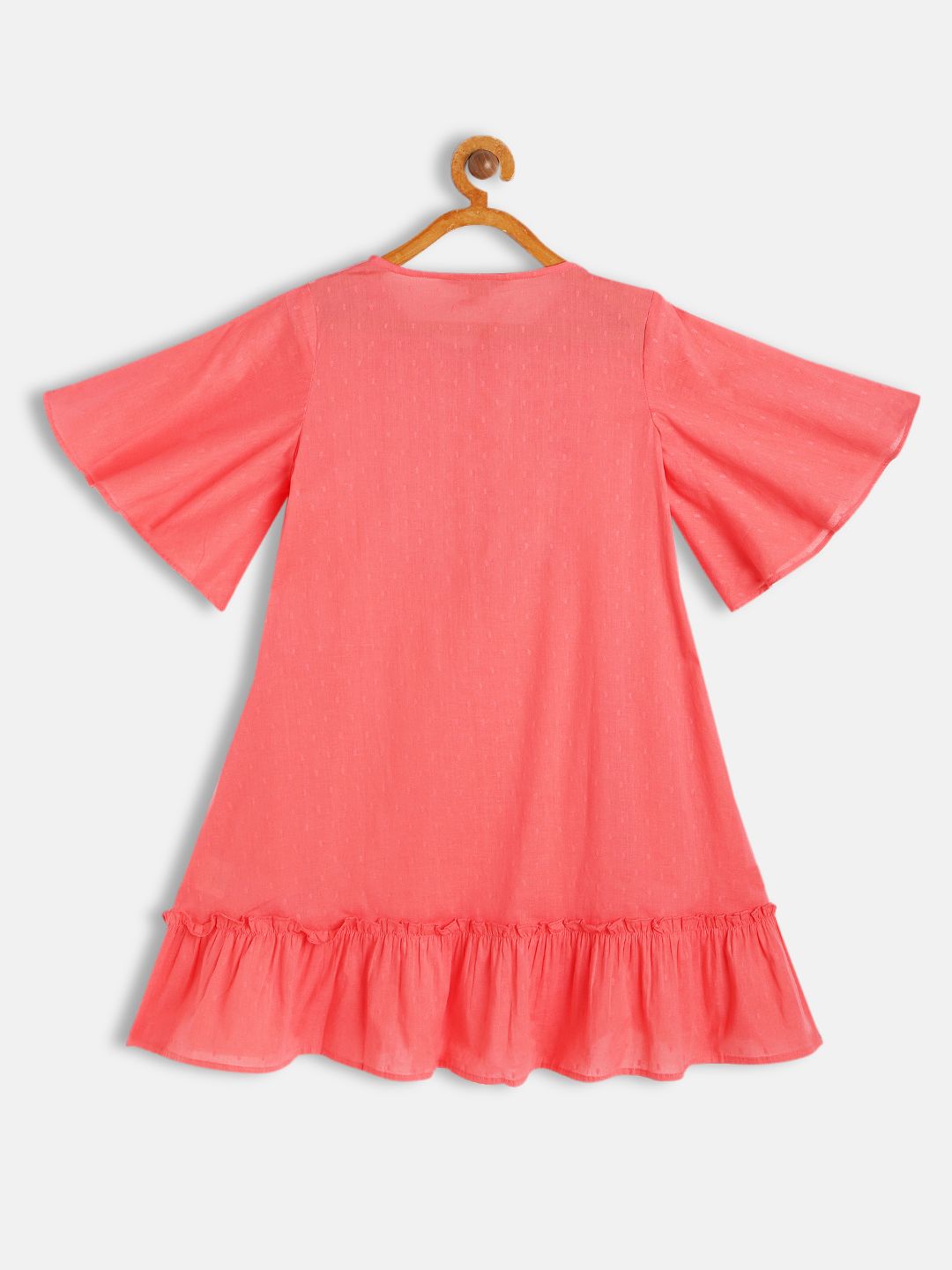 Global Desi Girls Coral Pink Self Design Tie-Up Neck Flared Sleeves Cotton A-Line Dress