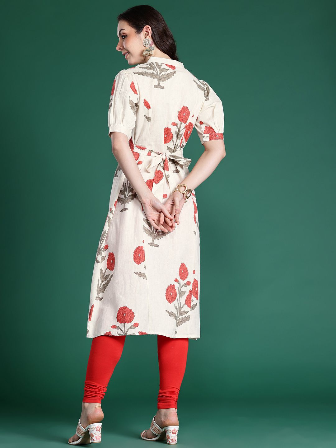 Indo Era Floral Printed Puff Sleeves Pure Cotton Kurta