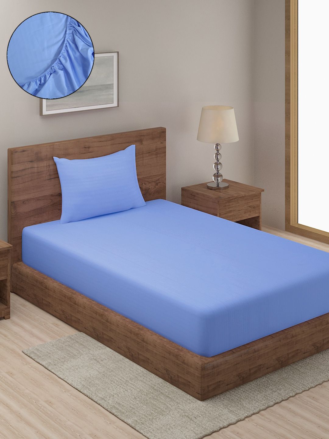 HOSTA HOMES Blue Striped 280 TC Single Fitted Bedsheet With 1 Pillow Covers