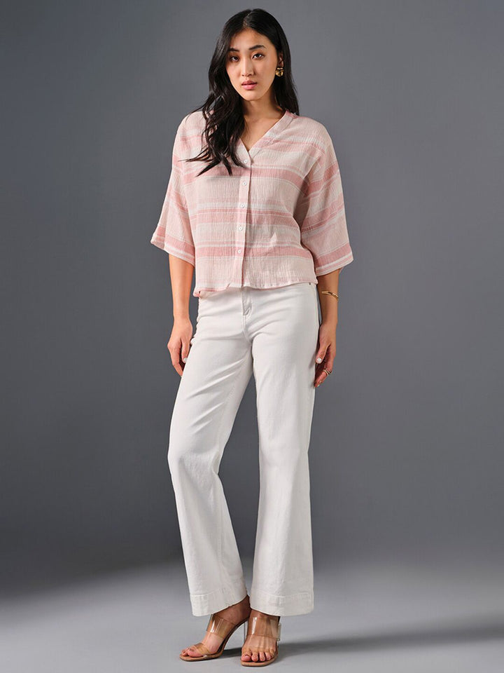 AND Verical Striped V-Neck Drop-Shoulder Sleeves Shirt Style Top