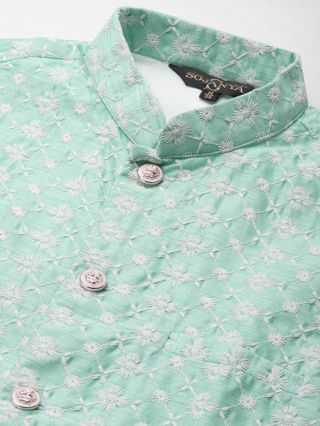 SOJANYA Lelaki Motif Etnik Biru Sulam Benang Kerja Kurta dengan Churidar