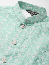 SOJANYA Lelaki Motif Etnik Biru Sulam Benang Kerja Kurta dengan Churidar