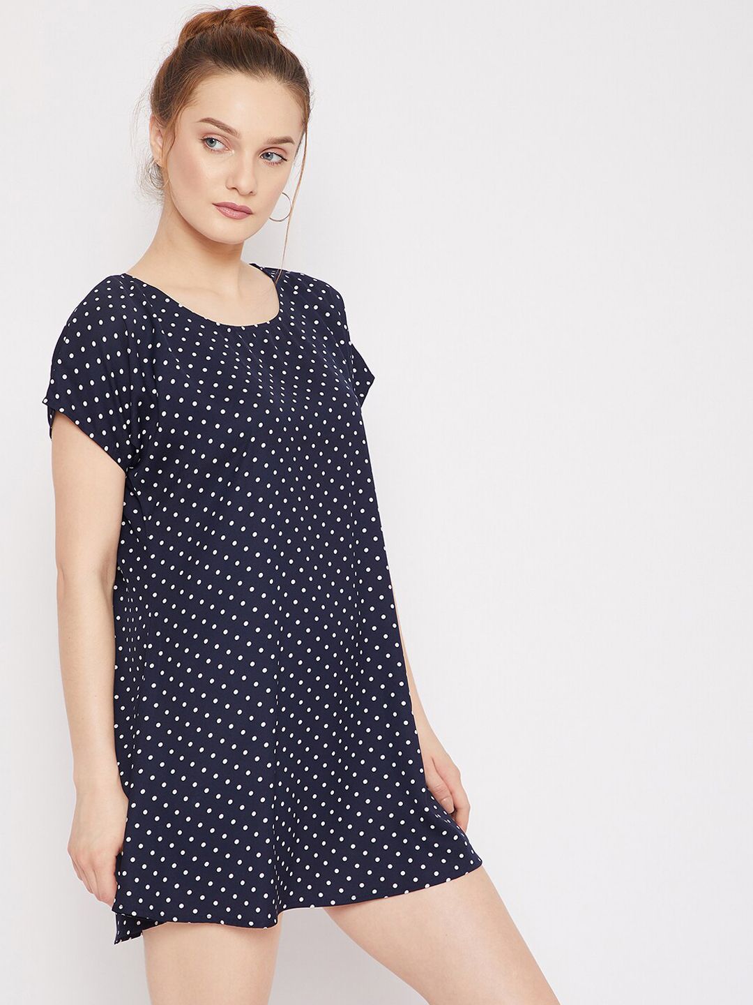 Berrylush Women Navy Blue & White Polka Dot Printed Crepe T-shirt Mini Dress