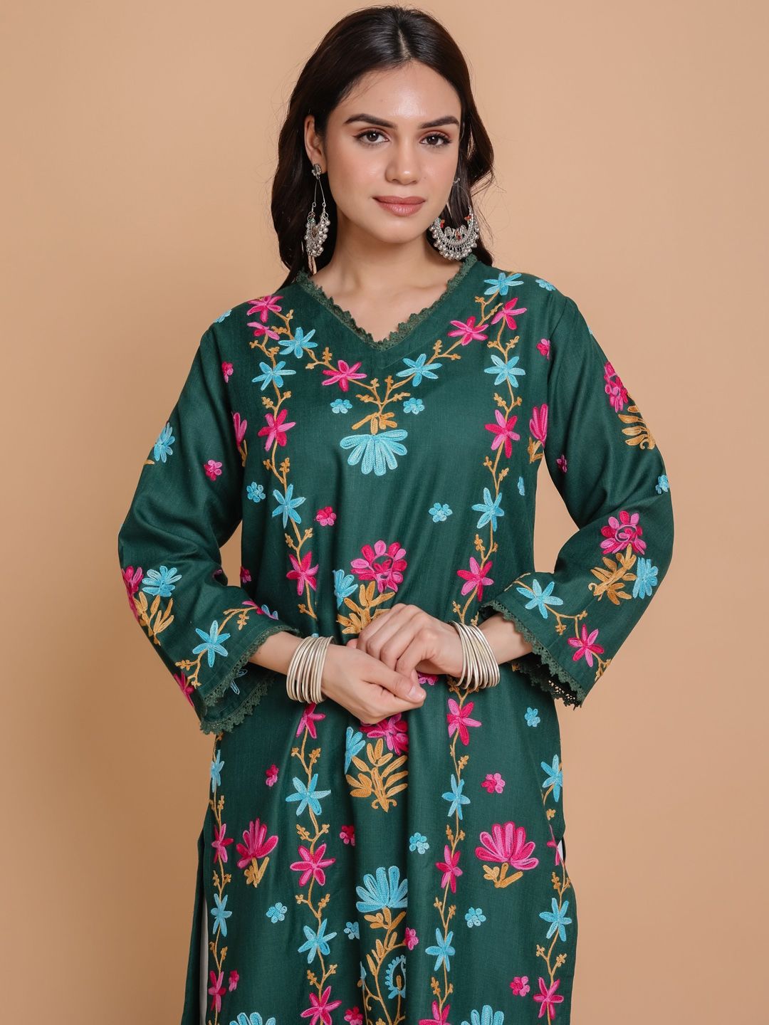 HOUSE OF KARI Floral Embroidered Pastels Cotton Straight Kurta