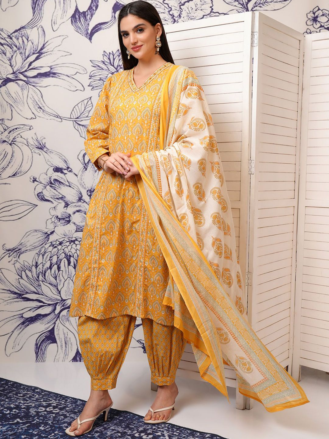 Vishudh Mustard Ethnic Motifs Printed Regular Pure Cotton Kurta with Trouser & Dupatta