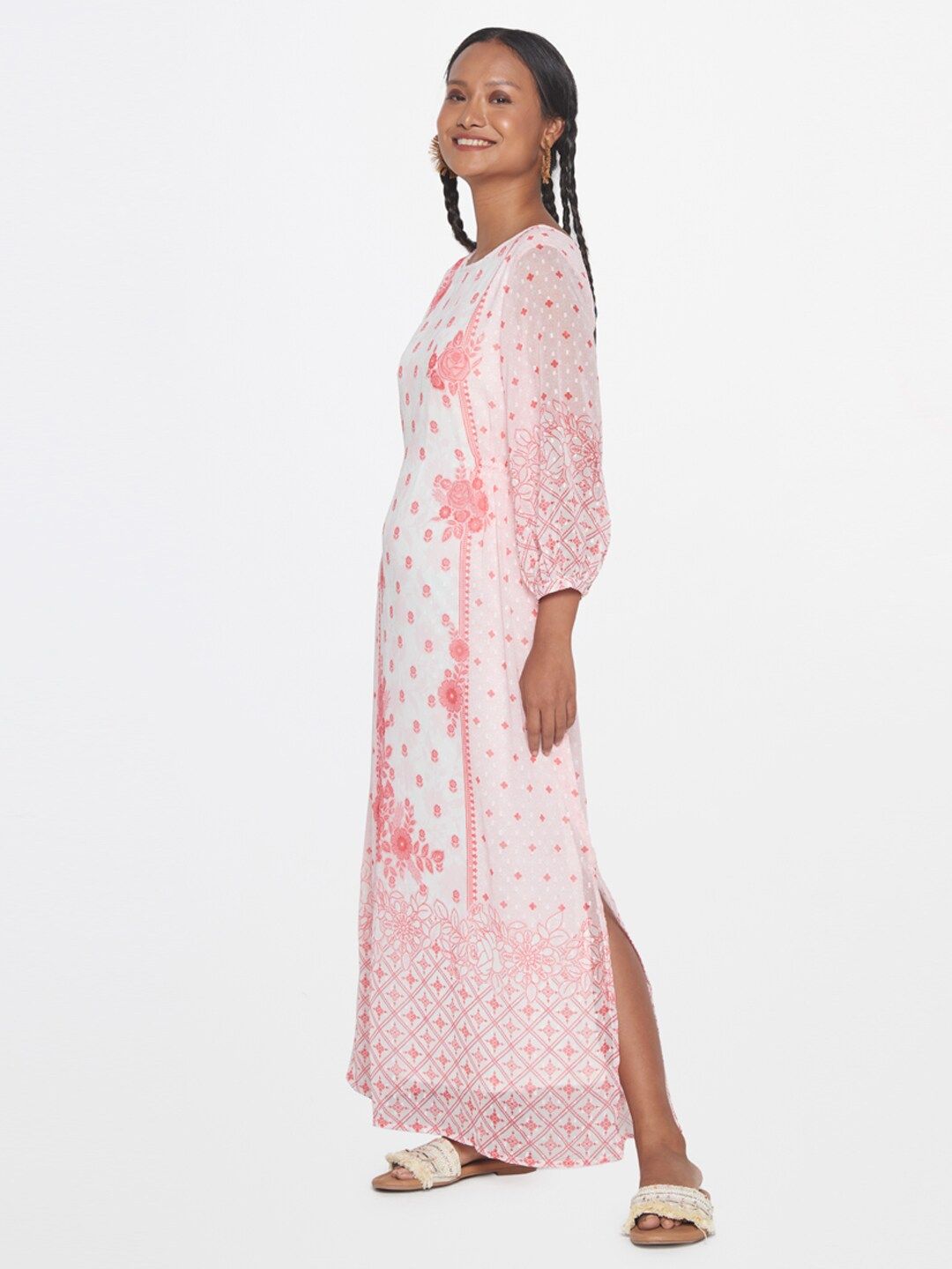 Global Desi Floral Printed Puff Sleeve Maxi Dress