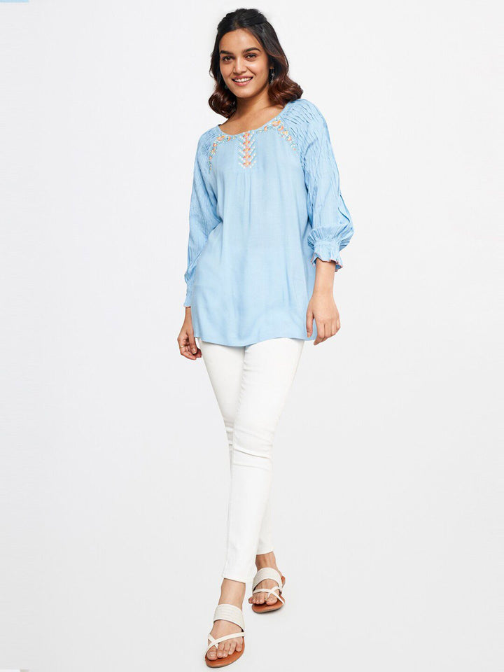 Global Desi Floral Printed Raglan Sleeves Pleated Top