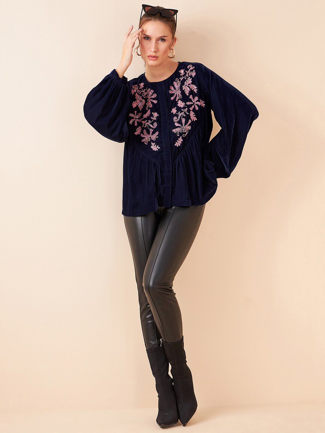 Antheaa Women Embroidered Velvet Tailored Jacket