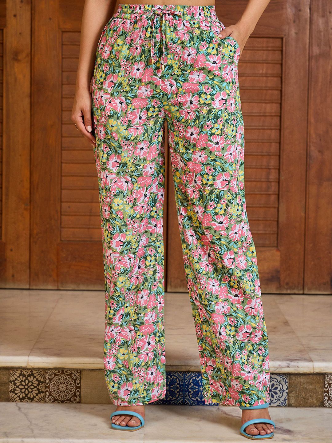 Pink Paprika by SASSAFRAS Floral Printed V Neck Peplum Top With Trousers Co-Ords