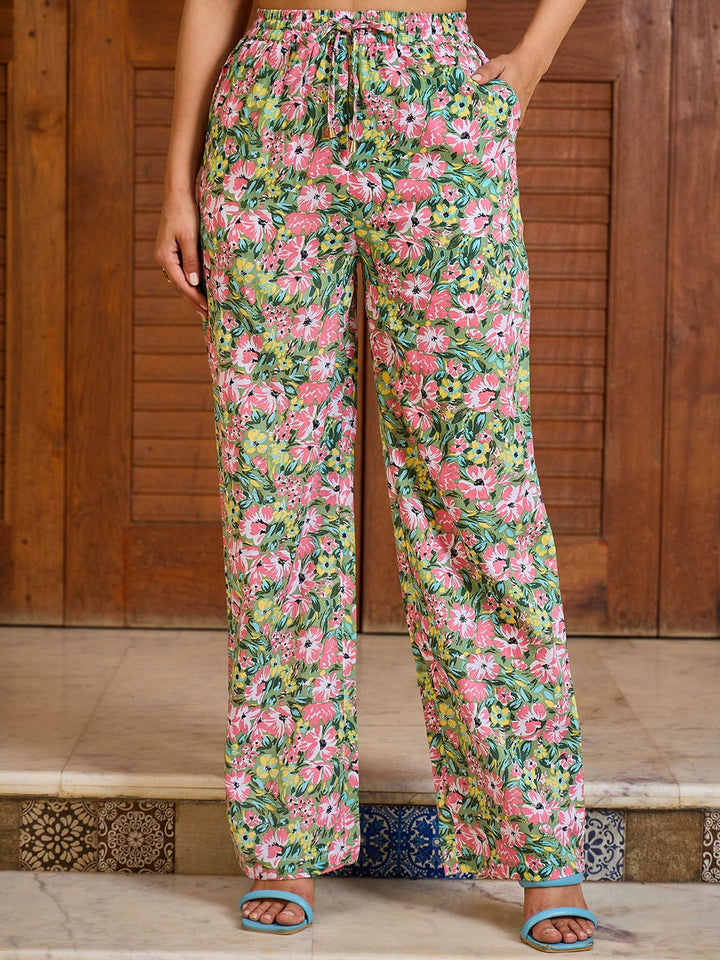 Pink Paprika by SASSAFRAS Floral Printed V Neck Peplum Top With Trousers Co-Ords