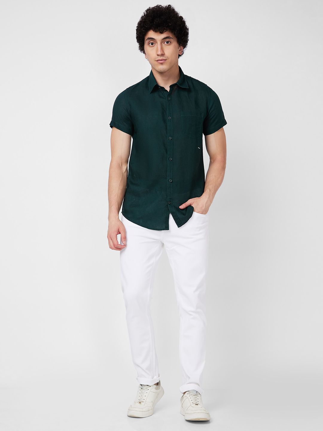 SPYKAR Spread Collar Short Sleeves Curved Casual Shirt