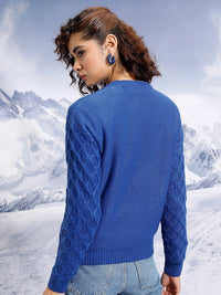 Tokyo Talkies Blue Open Knit Self Design Acrylic Pullover Sweater