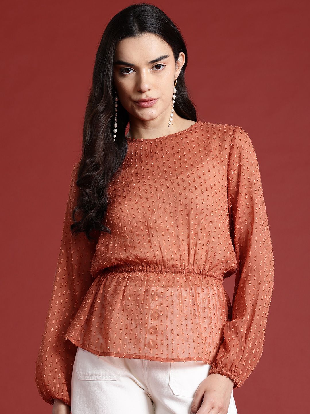 all about you Puff Sleeves Semi-Sheer Cinched Waist Top
