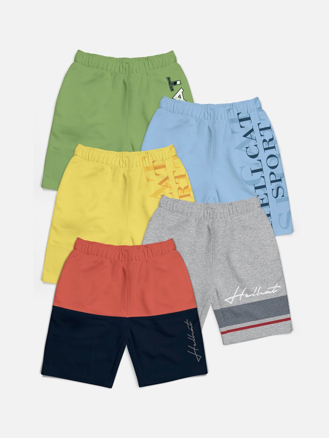 HELLCAT Boys Pack Of 4 Mid-Rise Colourblocked Cotton Shorts