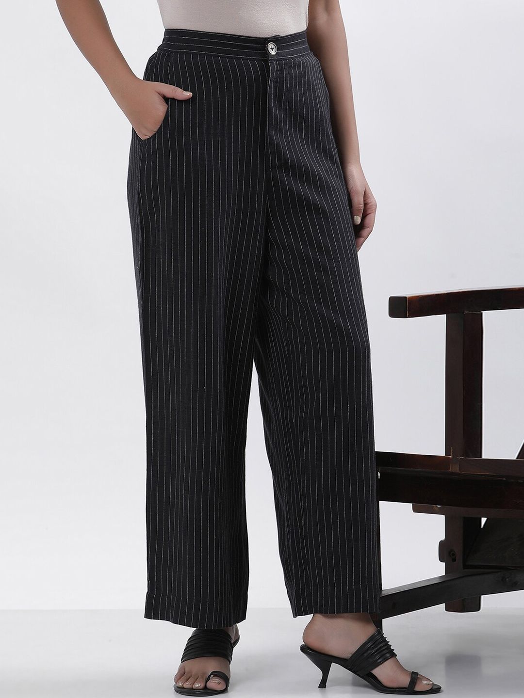 W Women Striped High-Rise Straight Fit Parallel Trouser
