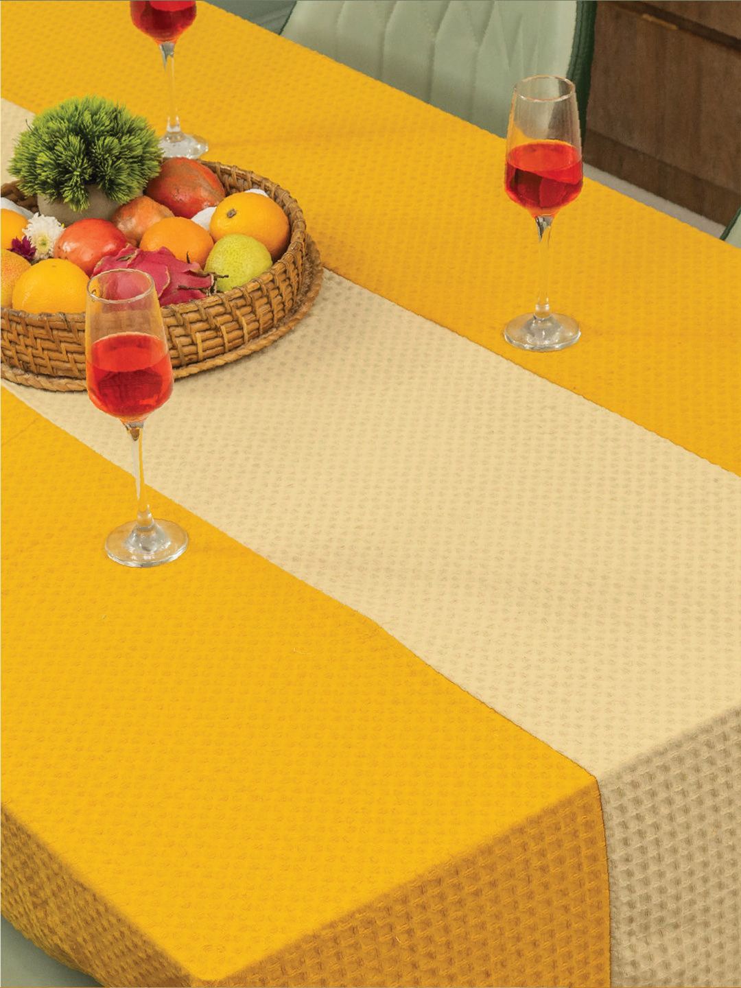 URBAN SPACE Mustard & Beige Geometric Printed Anti-Slip Cotton 6-Seater Table Cover