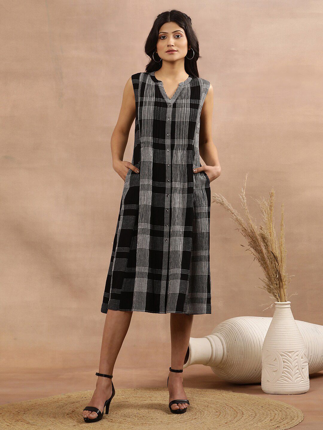 W Checked Mandarin Collar A-Line Midi Dress